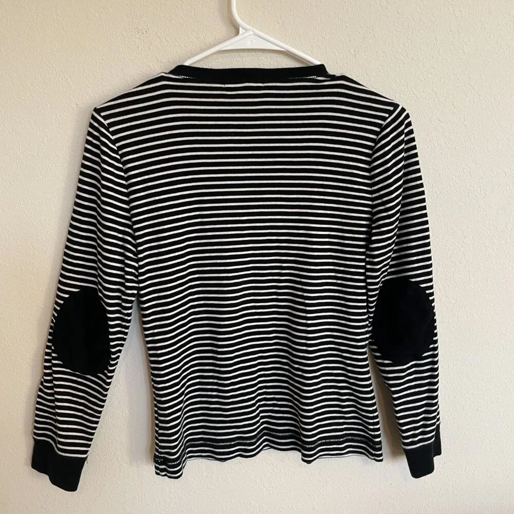 Ralph Lauren Medium Black White Striped Ribbed Long Sleeve Top 100% Cotton - Picture 2 of 8